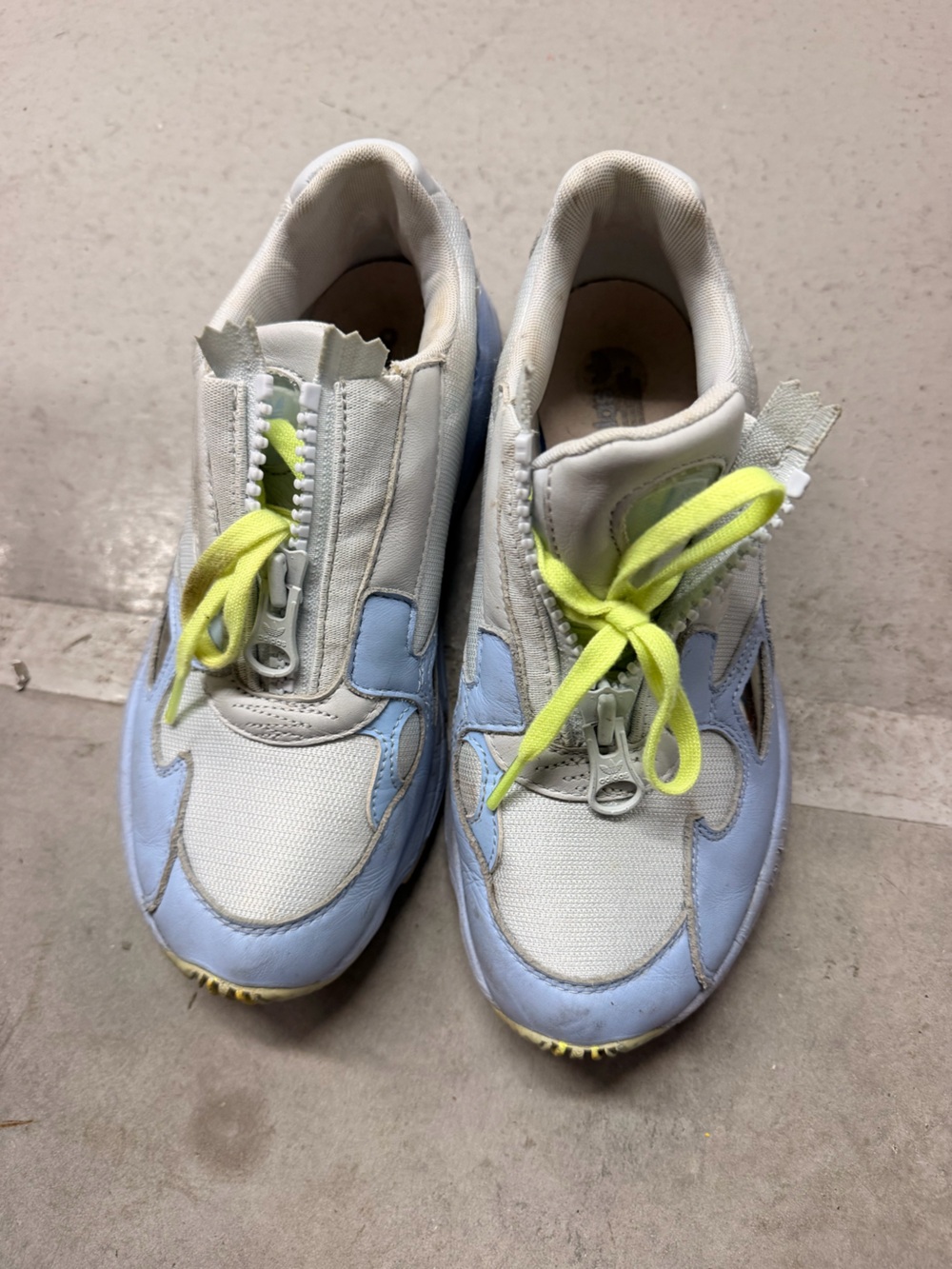 Adidas women’s 7.5 White & Light Blue Zipper Sneaker with Neon Yellow Laces
